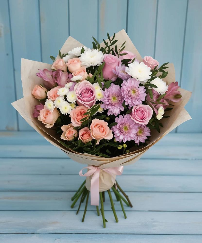 Букет цветов из: Хризантемы, Розы и Альстромерии в Кировский