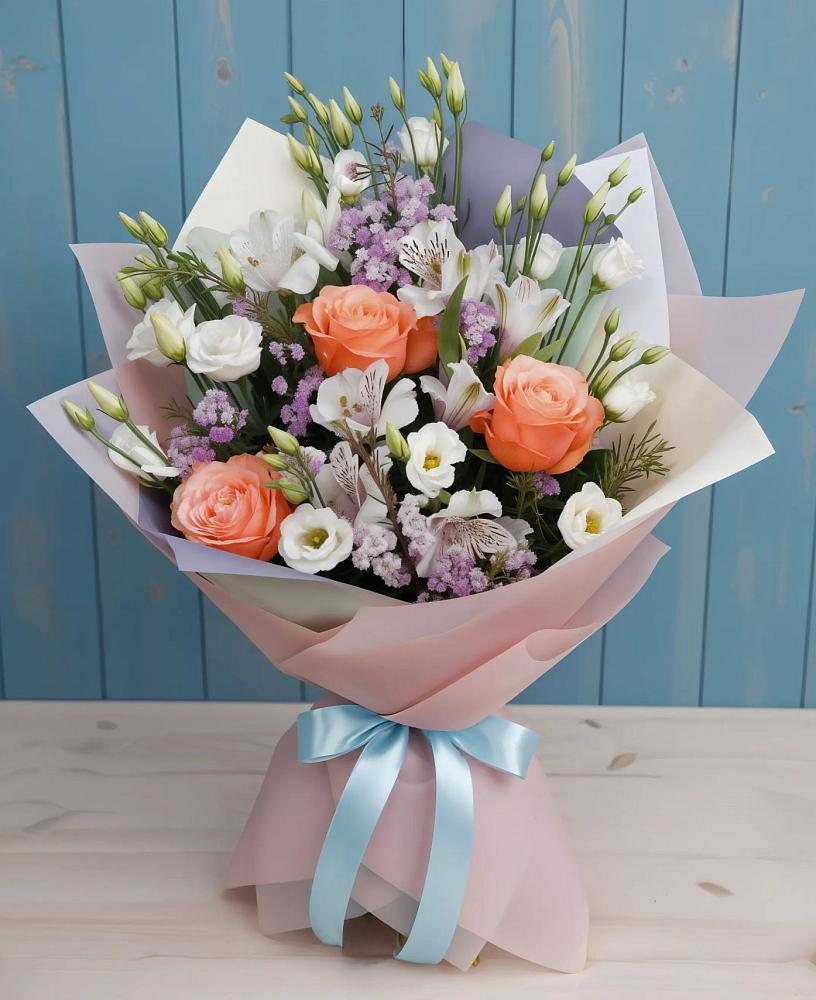 Букет цветов из: Лизиантусы, Розы, Альстромерии и Гипсофила в Кировский
