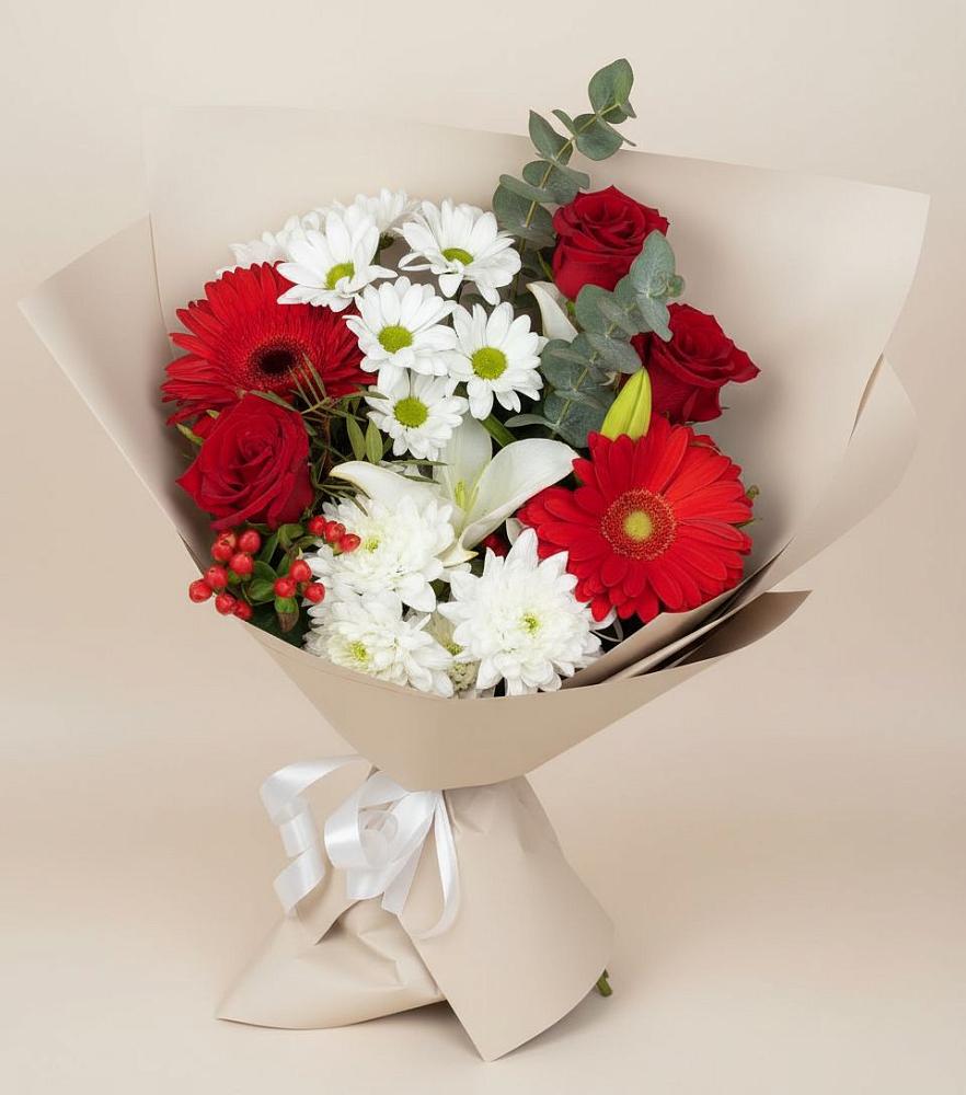Букет цветов из: Розы, Хризантемы, Герберы и Лилии в Кировский