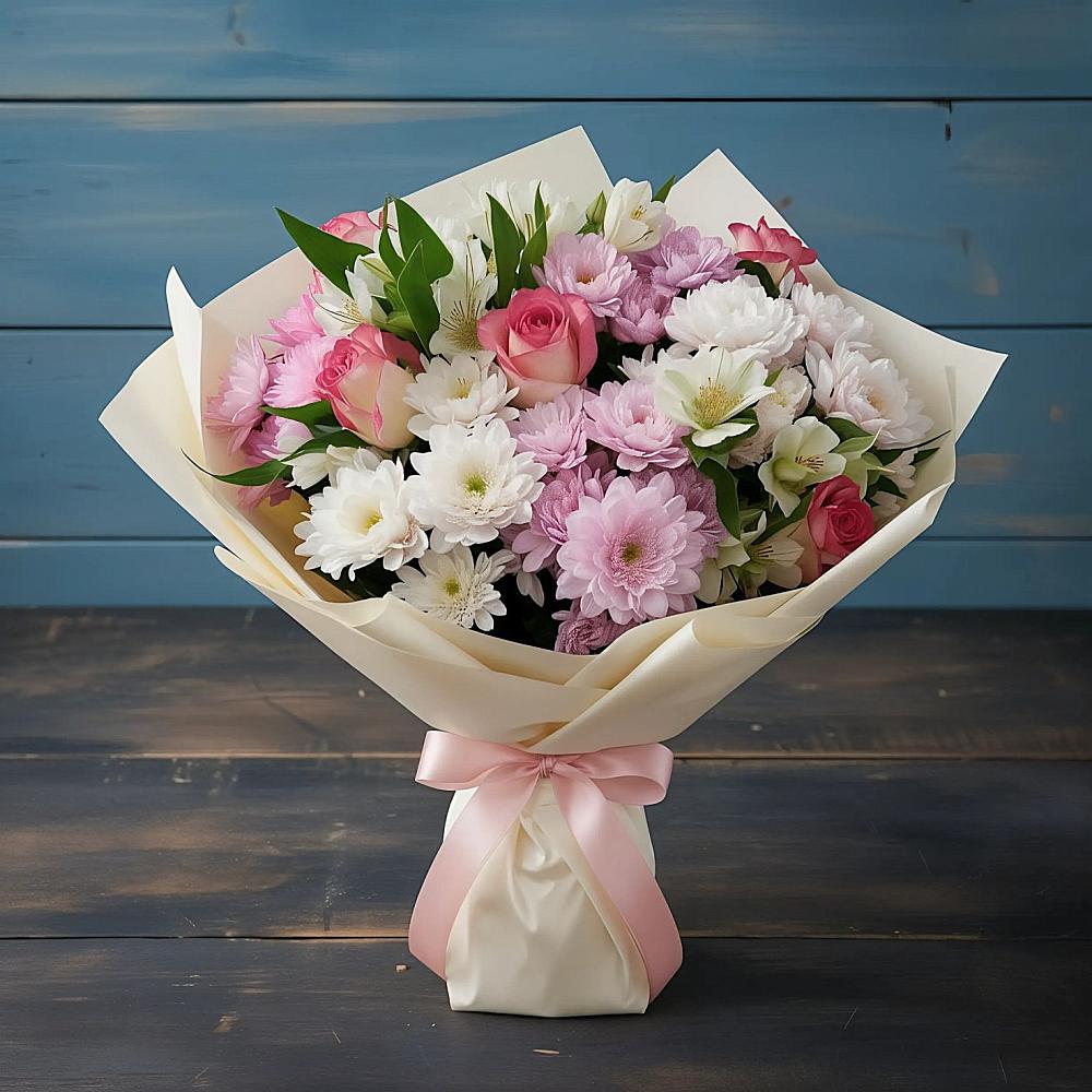 Букет цветов из: Хризантемы, Альстромерии и Розы в Кировский